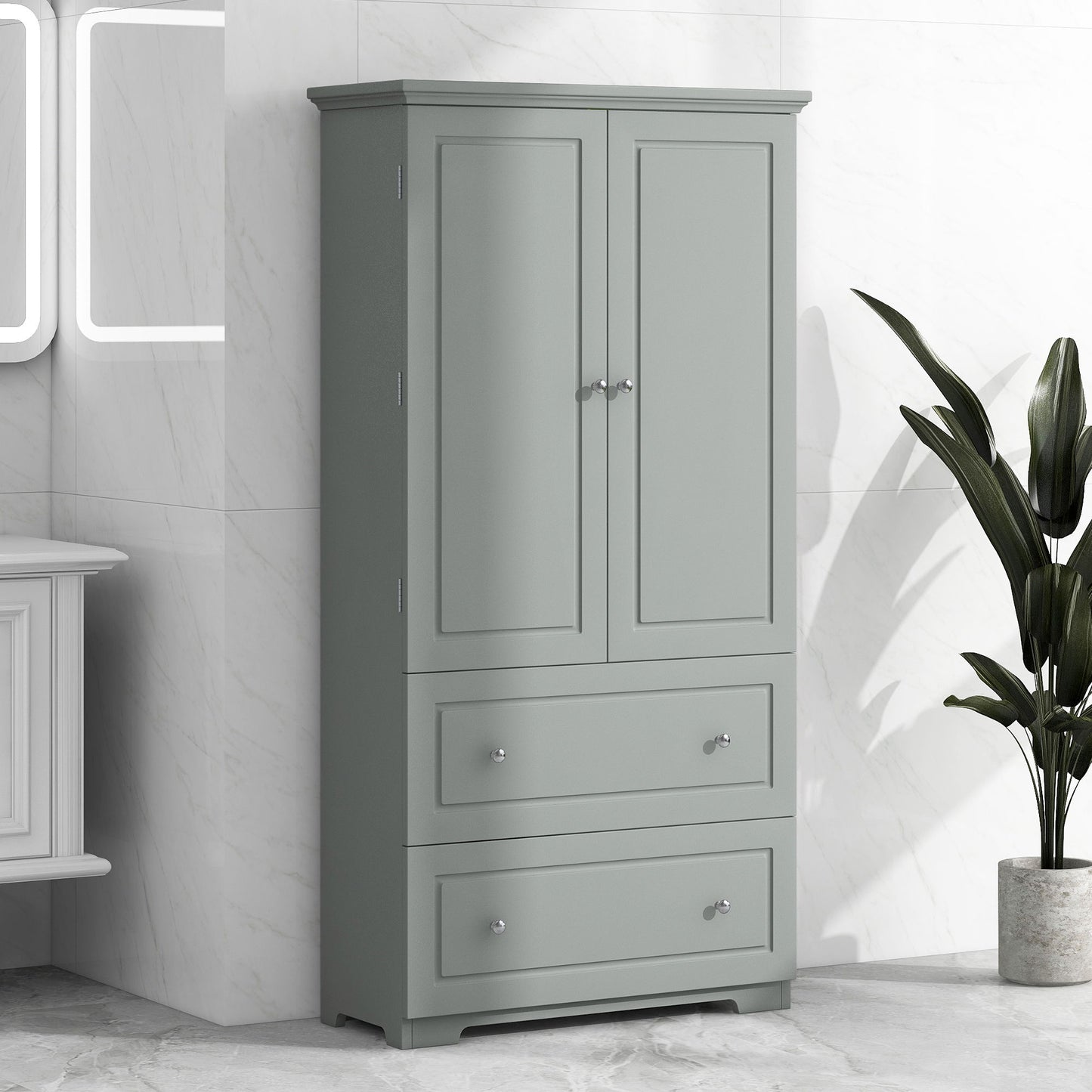 Wide Bathroom Storage Cabinet, Freestanding Storage Cabinet With Two Drawers And Adjustable Shelf, MDF Board With Painted Finish - Gray