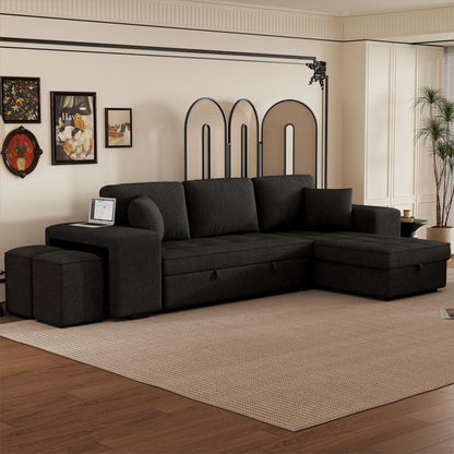 Modern L-Shape 3 Seat Reversible Sectional Couch, Pull Out Sleeper Sofa With Storage Chaise And 2 Stools For Living Room Furniture Set