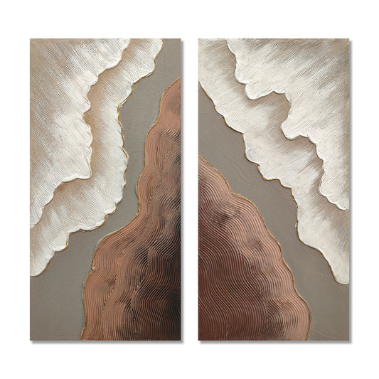 Abstract Wall Art, Textured Canvas Painting With Accents, Decor For Living Room (Set of 2) - Antique Brown / White