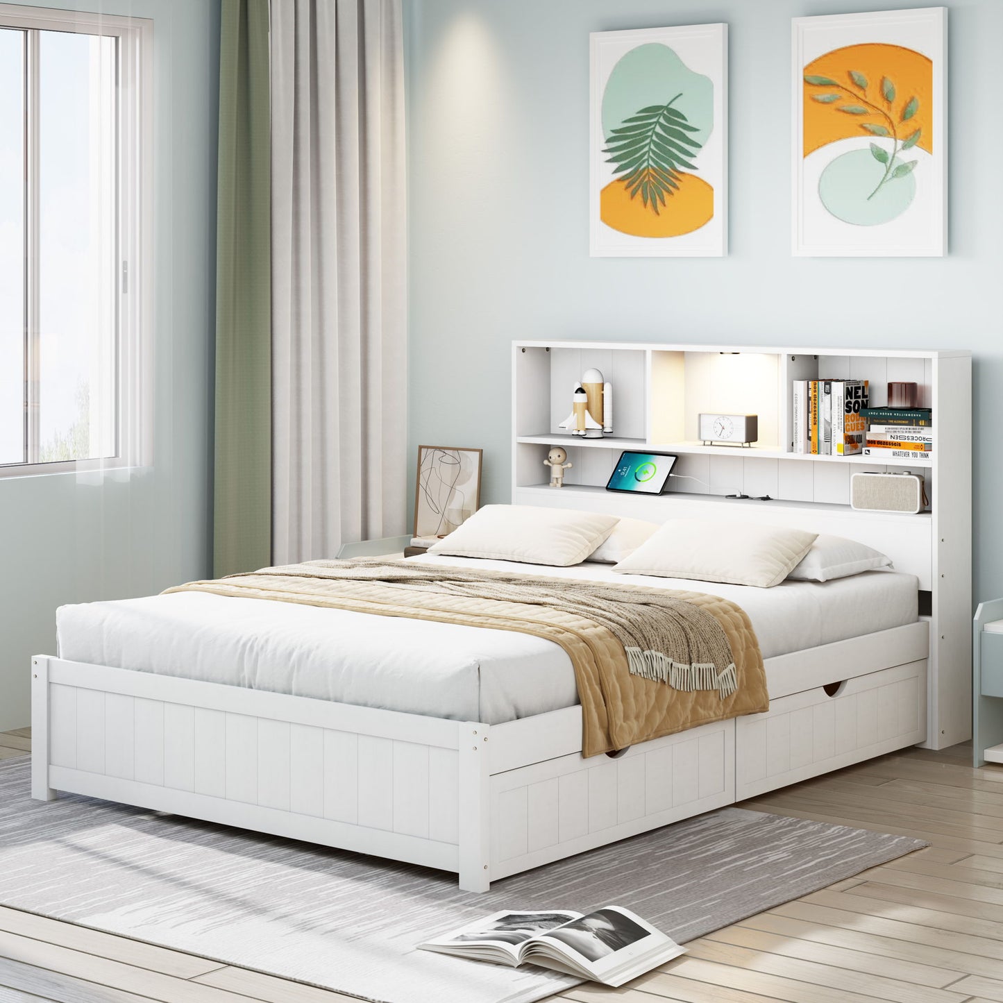 Platform Bed With Bookcase Headboard, Built-In Downlight, Charging Station, And 2 Side Drawers