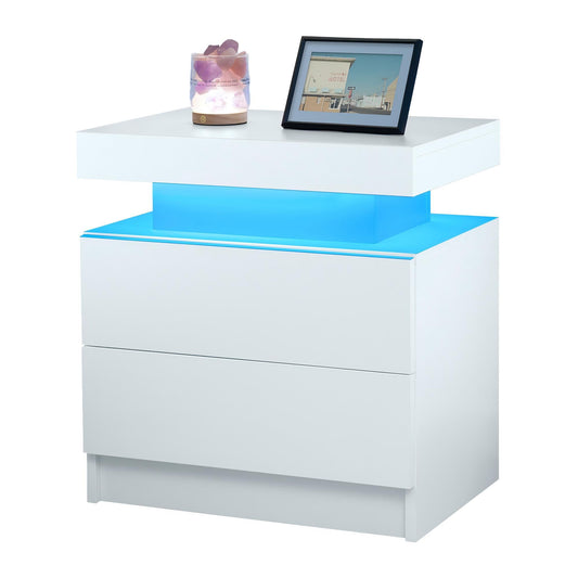 Modern LED Bedside Table Cabinet With Adjustable Lights And 2 Drawers - White