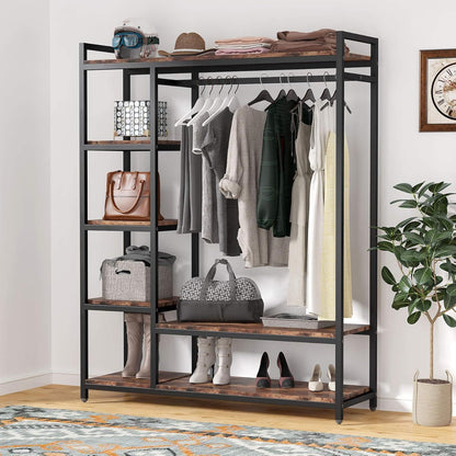 Free Standing Closet Organizer With 6 Shelves And Hanging Bar - Brown / Black