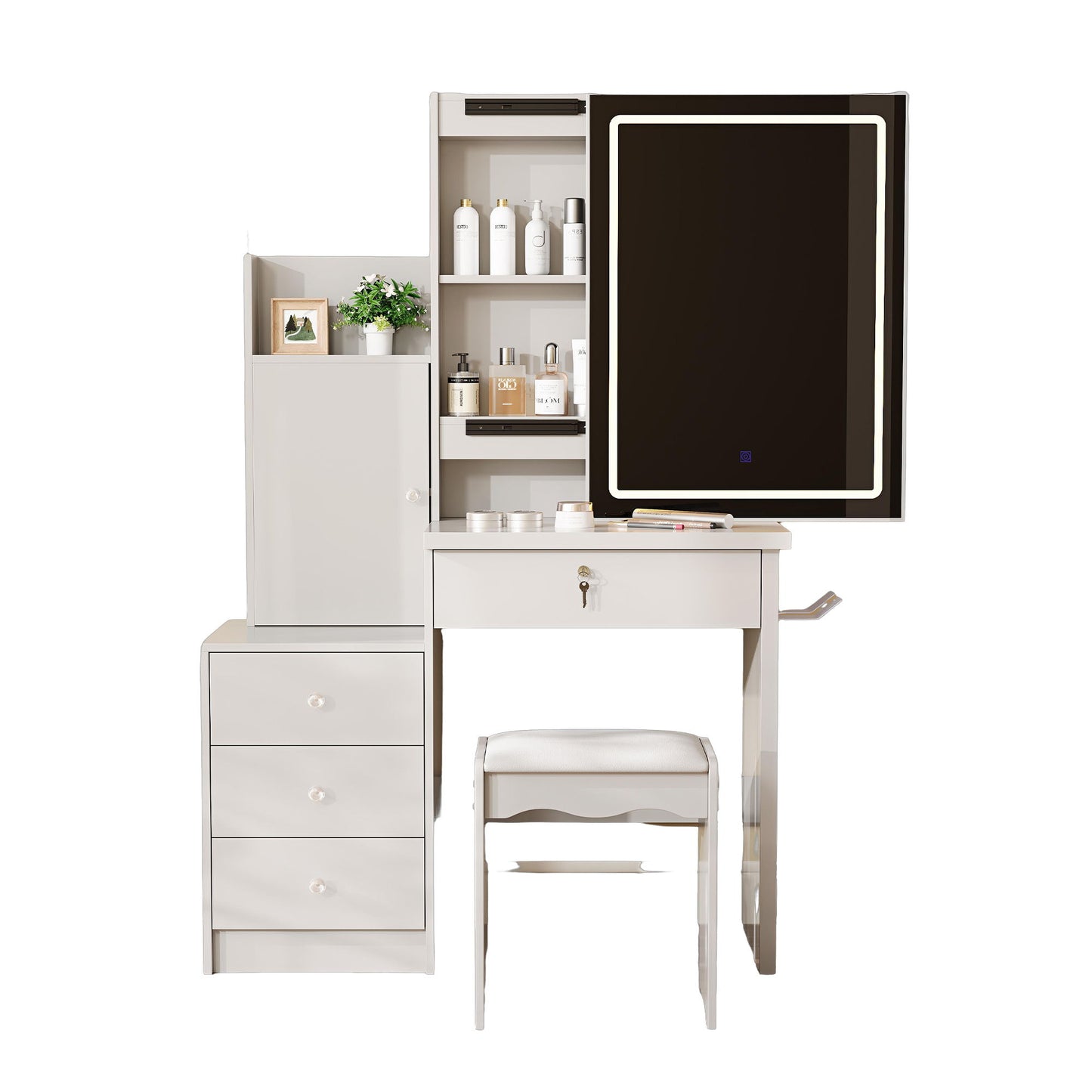 Vanity Desk Set With Sliding Lighted Mirror, 4 Drawer Makeup Dressing Table With 9 Storage Spaces, Hidden Compartments & Cushioned Stool, Beauty Furniture For Bedroom - White