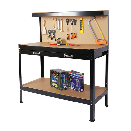 Steel Workbench Tool Storage Work Bench Workshop Tools Table With Drawer And Peg Board - Black / Light Brown