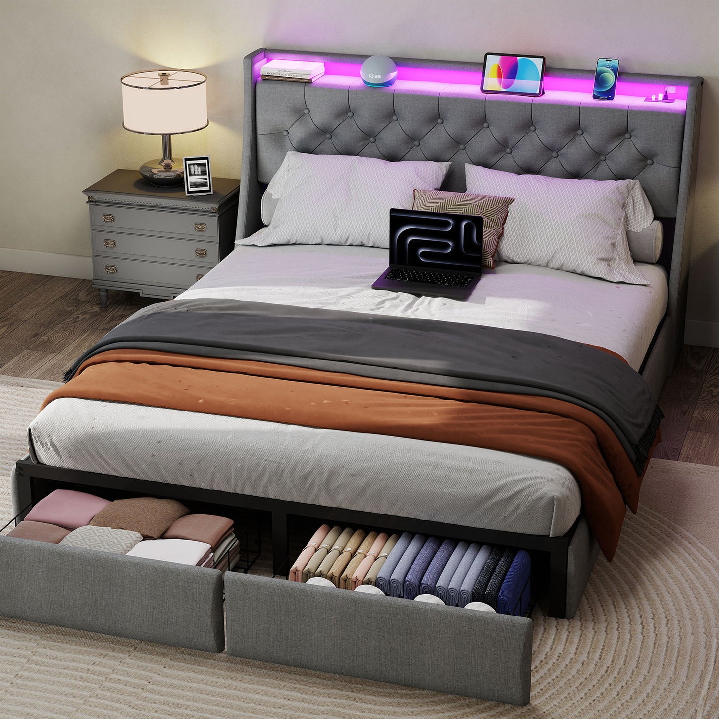 Bed Frame With Storage Headboard, RGB LED Light & USB Charging Station