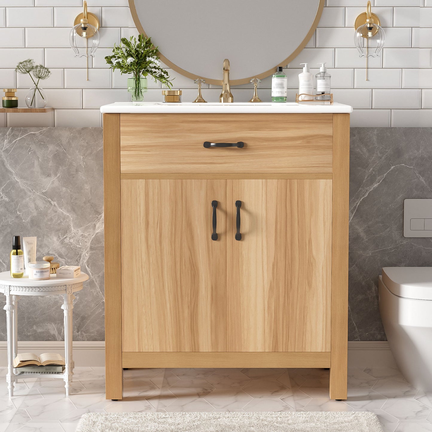 Bathroom Vanity With Flip Drawer, 2 Soft Close Doors, Adjustable Shelf And Ceramic Sink