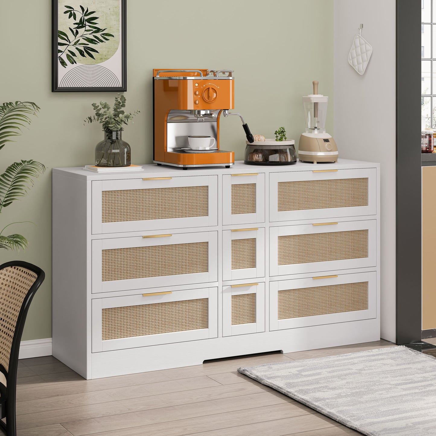 Elegant Rattan Locker With 9 Drawers, Metal Handles