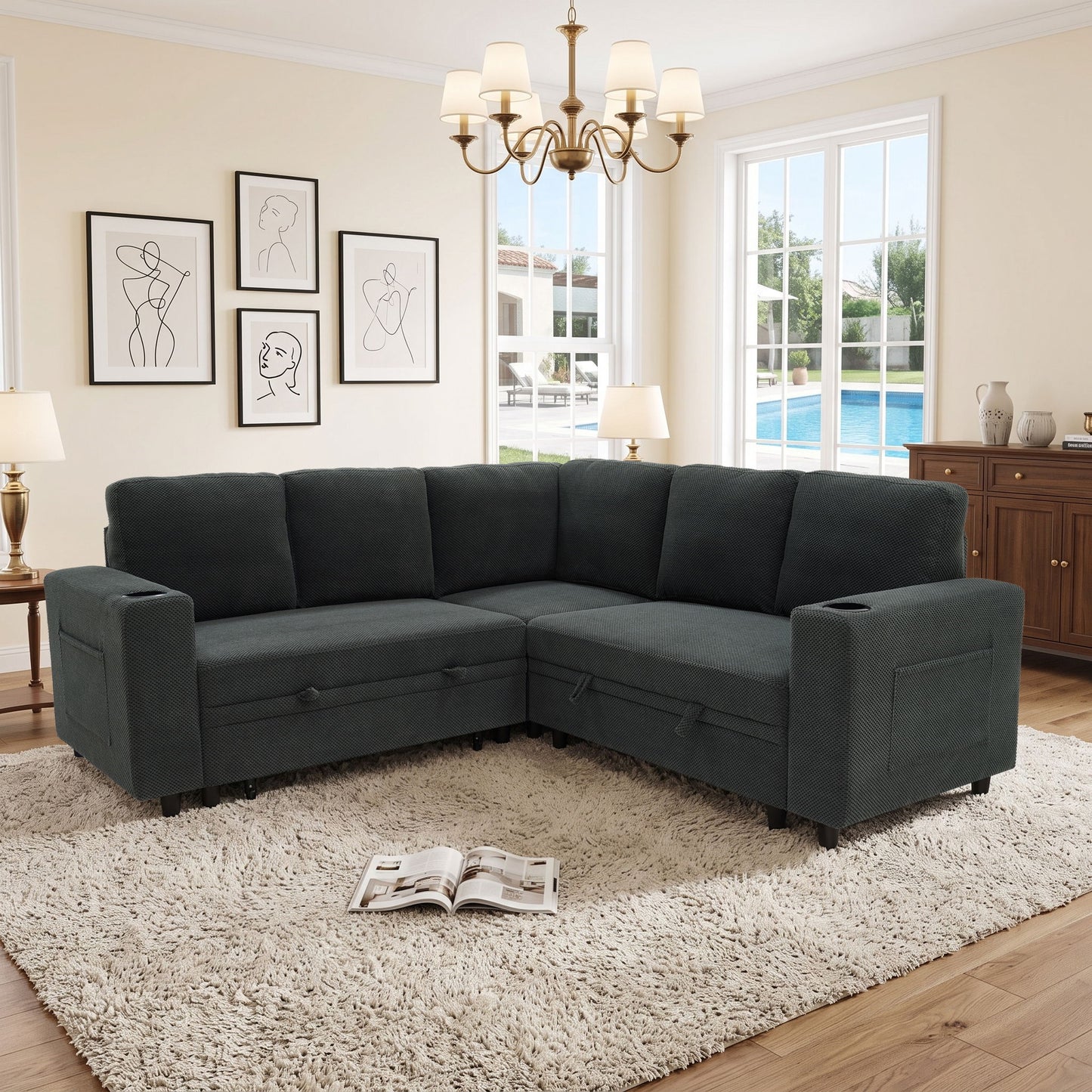 Upholstered L - Shape Sectional Sofa Bed With Pull Out Sleeper And Storage