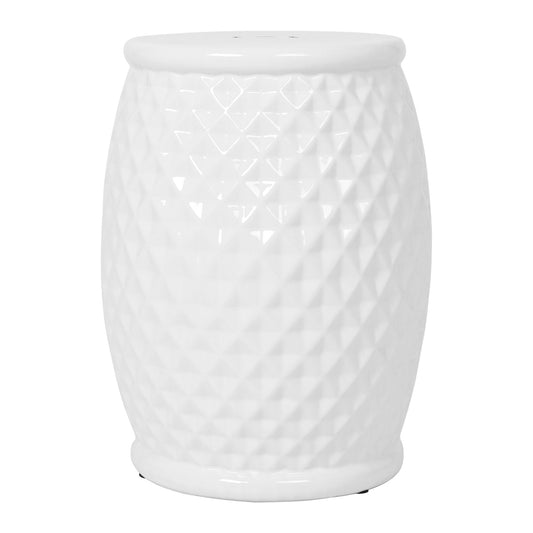Glazed Ceramic Drum Stool Indoor / Outdoor Side Table Ceramic - White