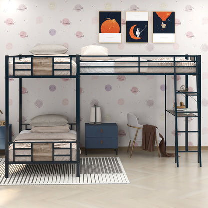 L-Shaped Twin Over Twin Bunk Bed With Twin Size Loft Bed With Desk And Shelf - Brown