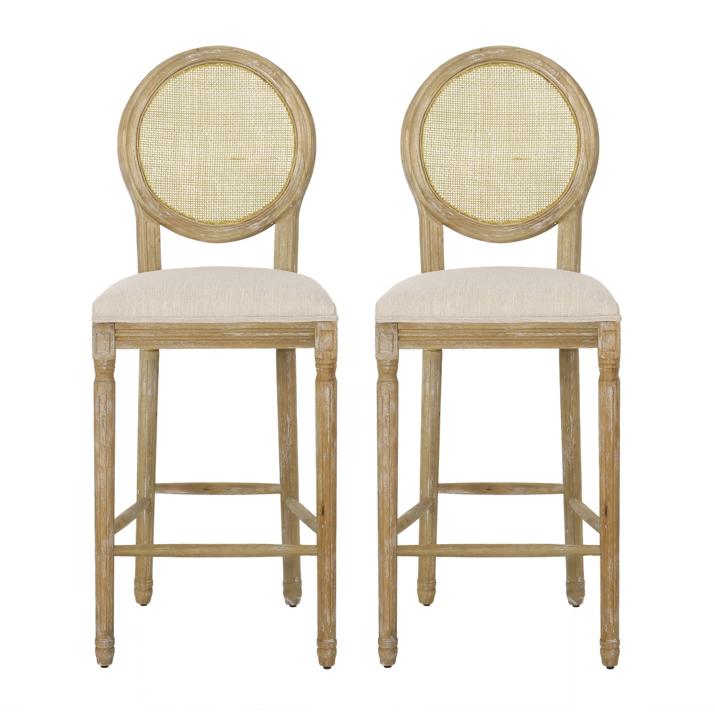 Country Chic Bar Stools (Set of 2) With Rattan Backrest And Upholstered Seat - Beige / Natural