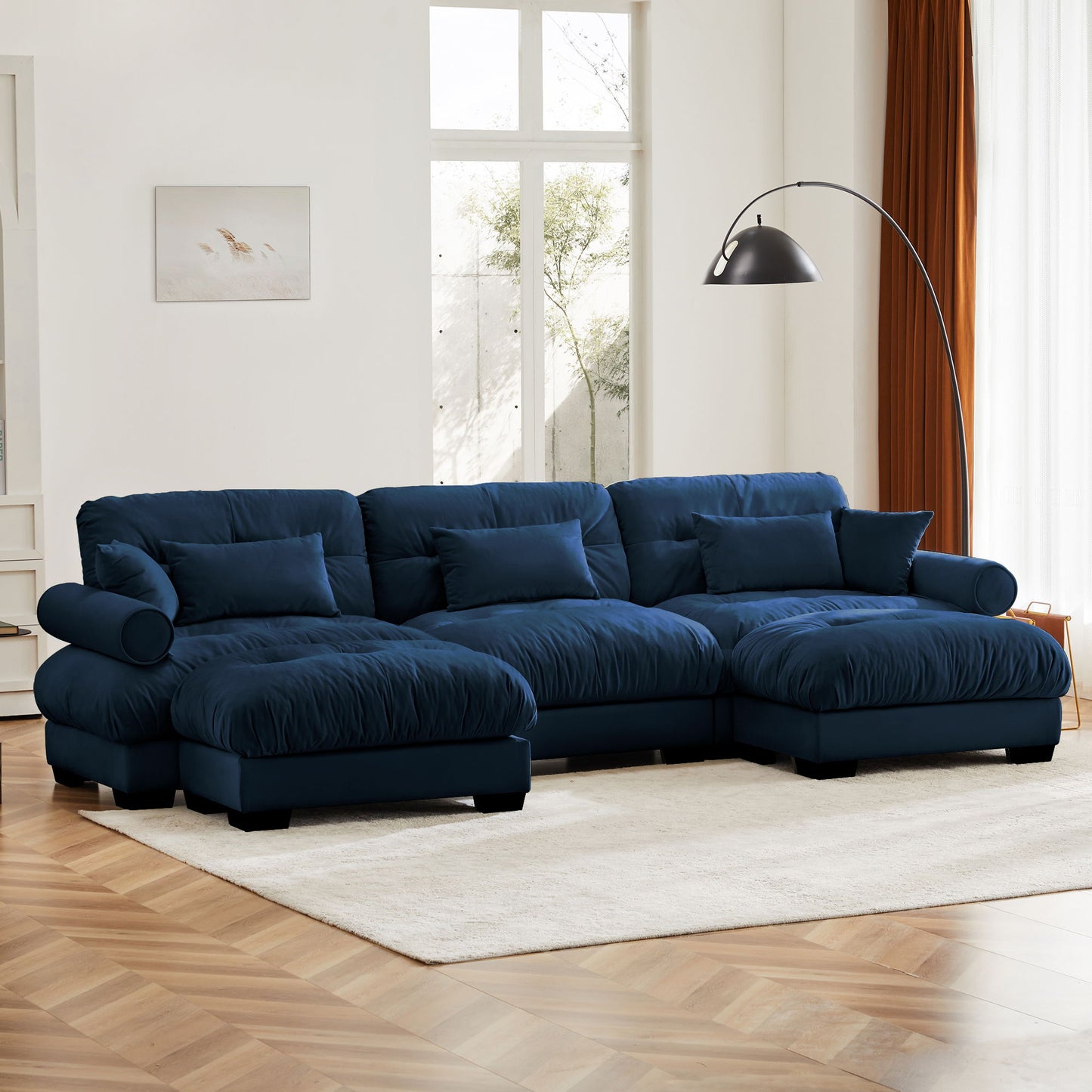 Modern Sectional Sofa With Ottoman, Round Bolster Armrests, Waist And Throw Pillows