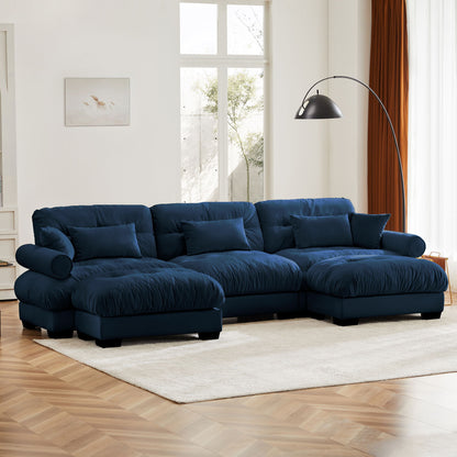 Modern Sectional Sofa With Ottoman, Round Bolster Armrests, Waist And Throw Pillows