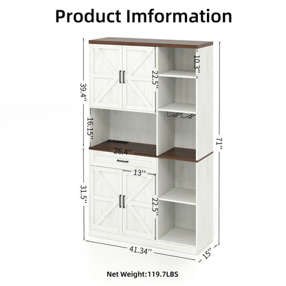 Farmhouse Kitchen Pantry Sideboard With Cabinet And Drawer, Multi Functional Kitchen Buffet With Hutch And Glass Holder, Microwave Stand With Charging Station - Brown / Antique White
