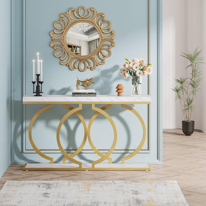 Console Table With Geometric Base For Entryway - Gold / White
