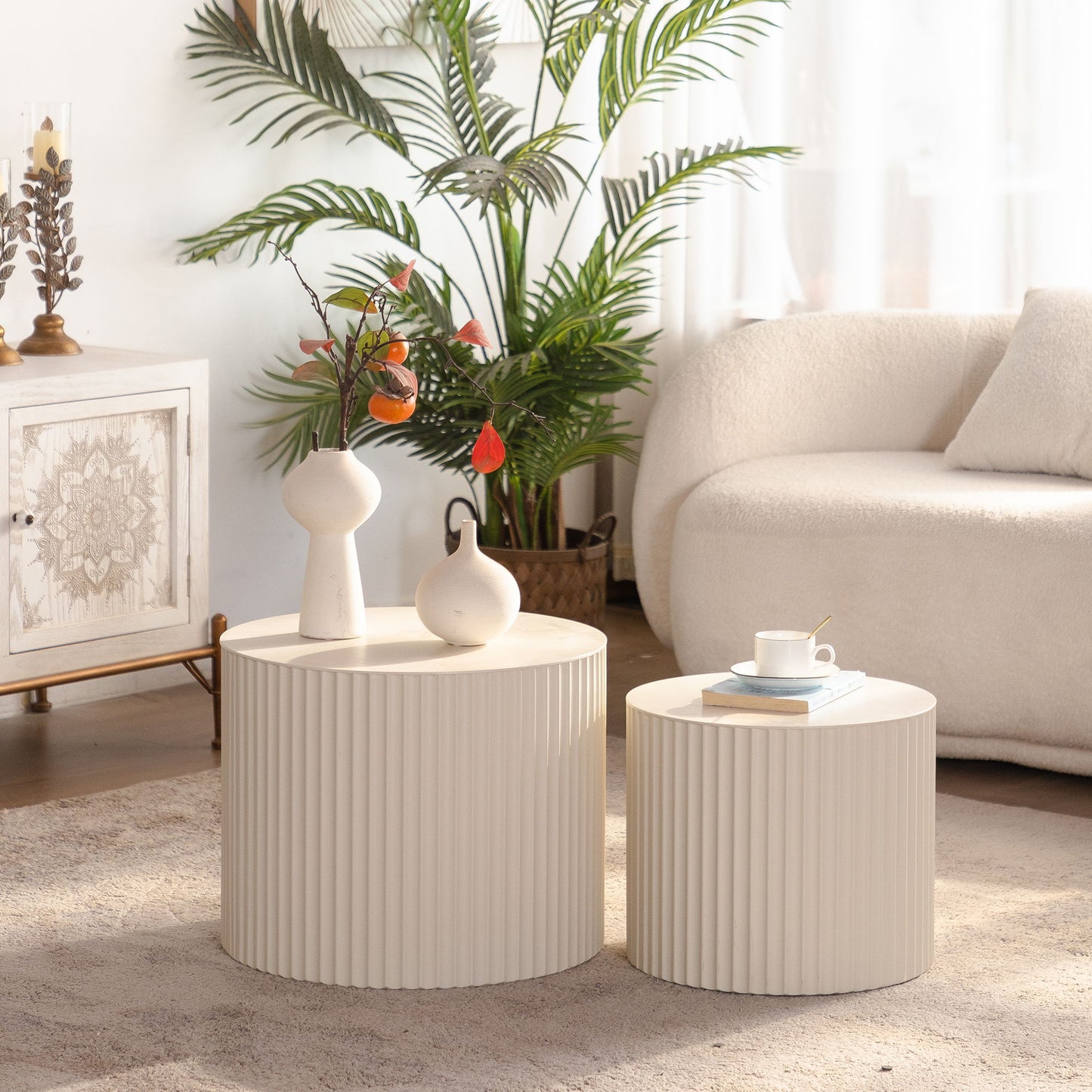 Drum Nesting Coffee Table With Wave Stripe Design For Living Room (Set of 2) - Beige / White