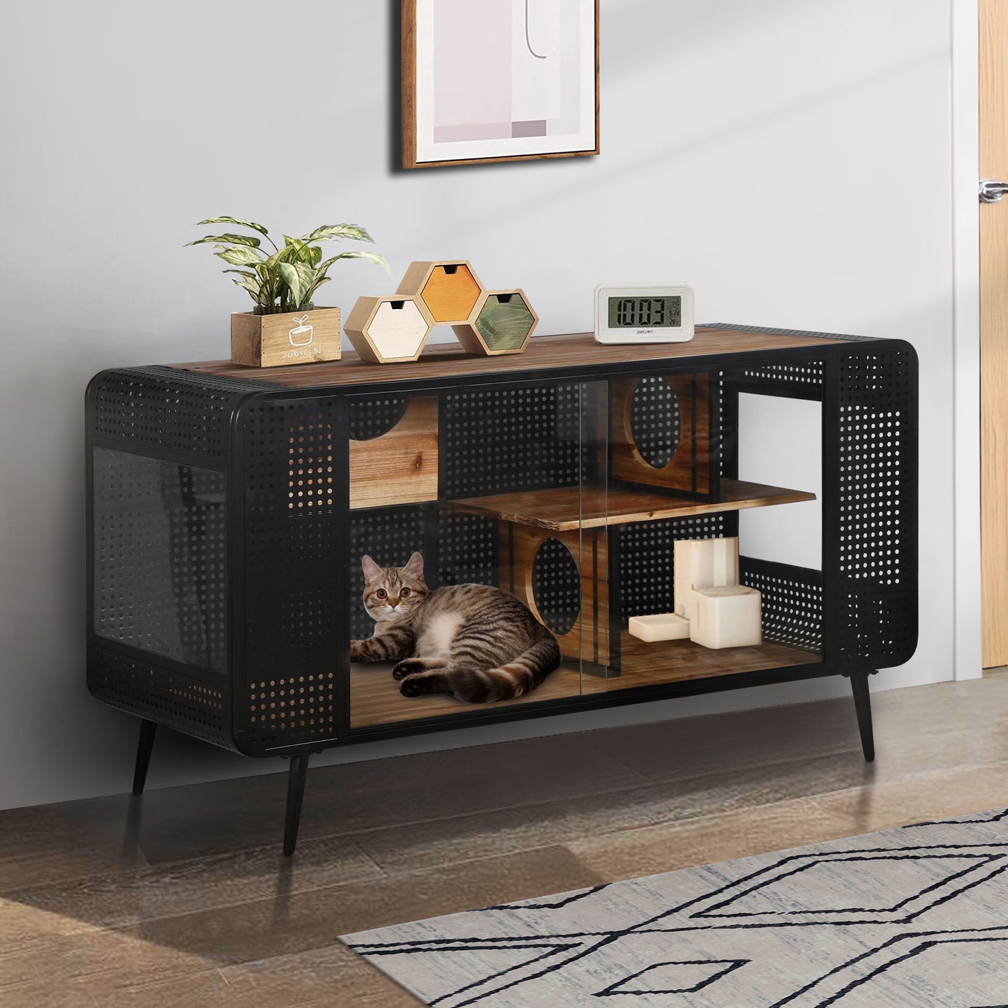 Modern Spacious Cat House With Tempered Glass And Iron Frame For Living Room - Black / Brown