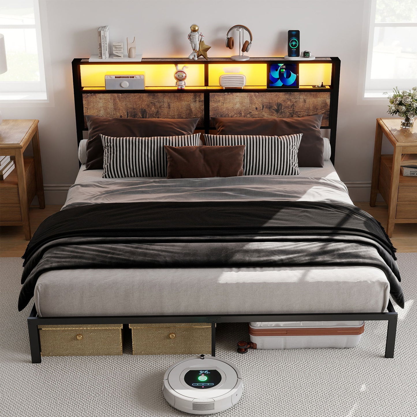 Bed Frame With Headboard, LED Lights & Charging Station