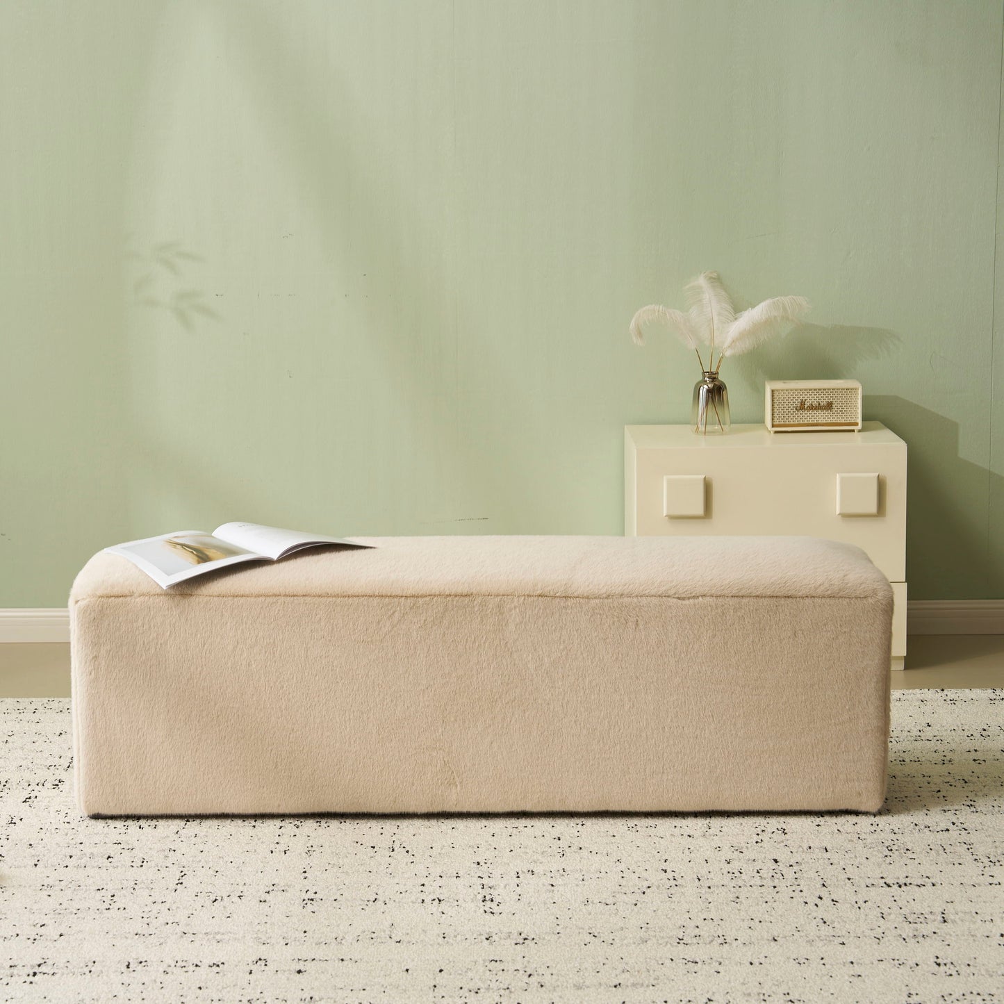 Long Plush Ottoman, Simple Footstool And Seat For Home Use - Almond