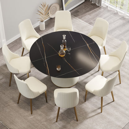 Modern Artificial Stone Round Plywood PU Base Dining Table, Can Accommodate 8 People, (Not Including Chairs) - Black / Beige