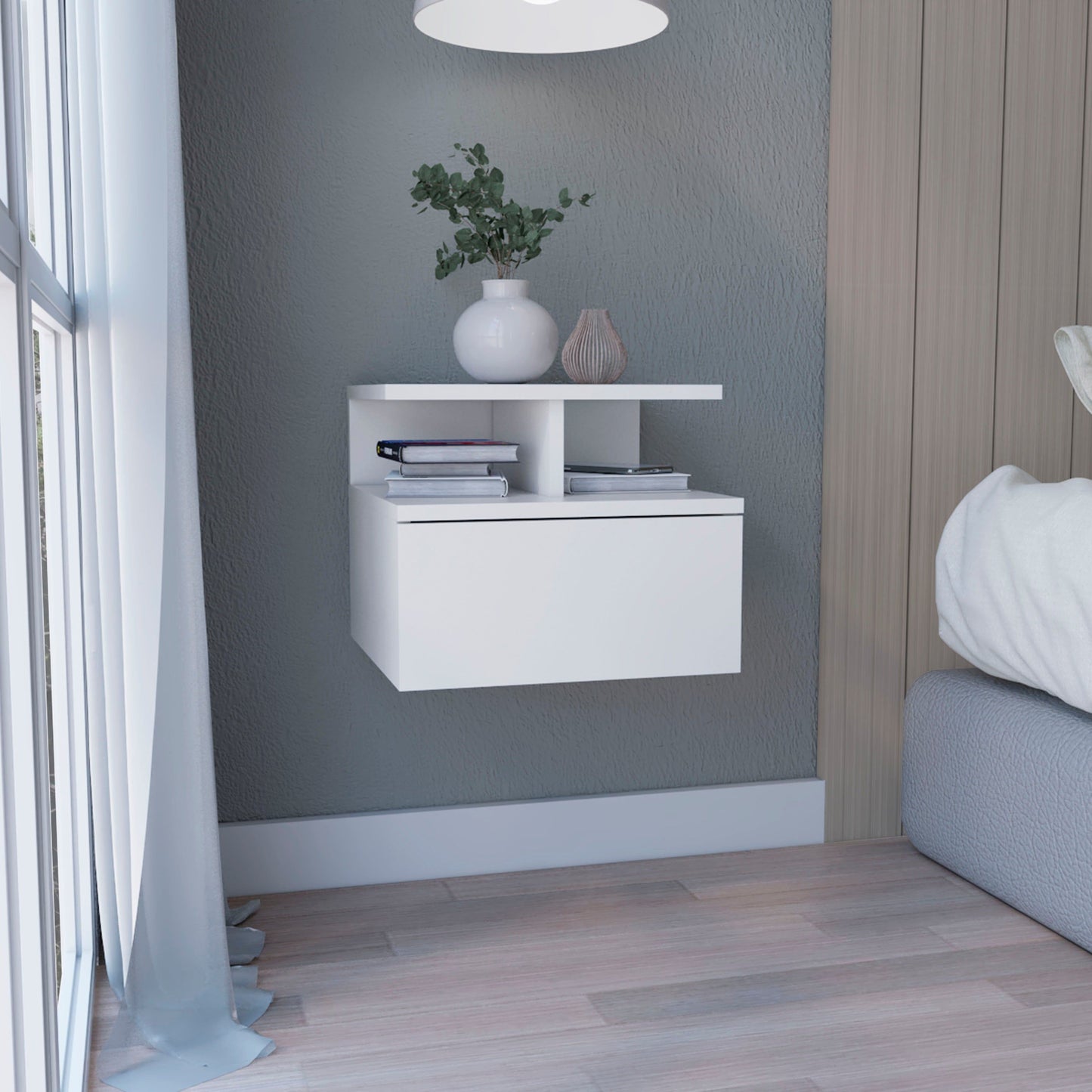 Floating Nightstand Wall Mounted With Single Drawer And 2 Tier Shelf - White