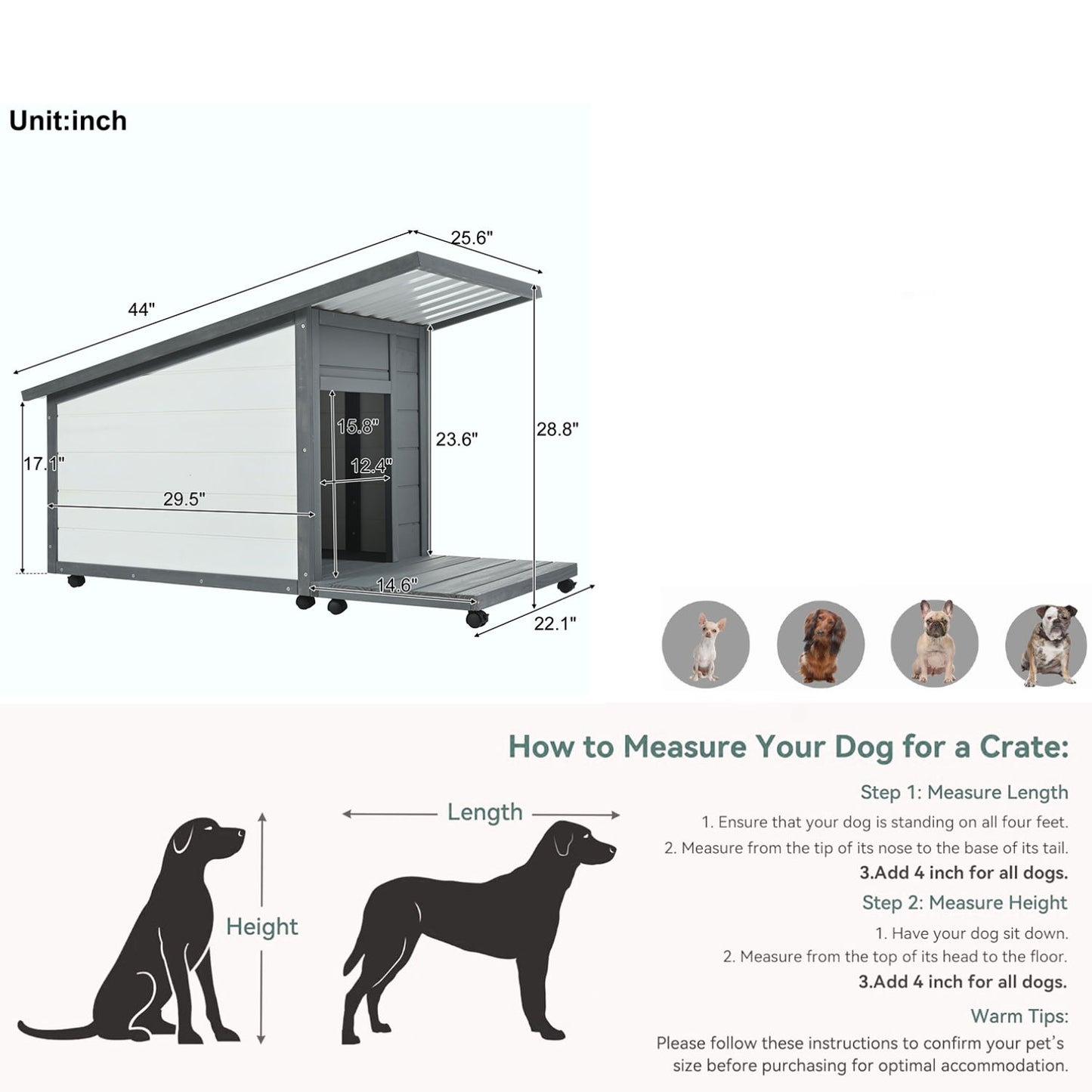 Modern Design Outdoor Dog House With Food Bowl And Wheels Pine - Gray / White