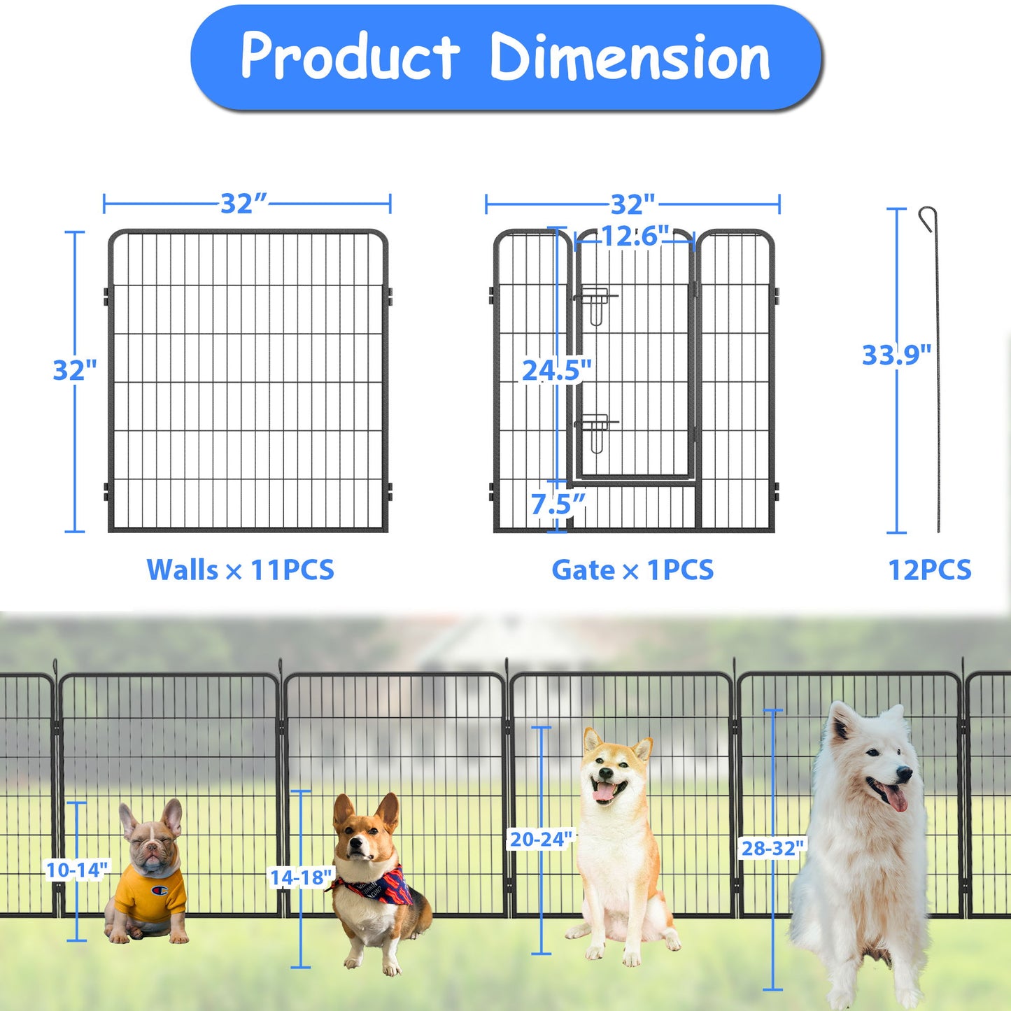 Dog Pens Outdoor Height Foldable 12 Panels Heavy Duty Metal Portable Dog Playpen Indoor Anti Rust Exercise Dog Fence With Doors For Pets Play Pen For RV Camping Yard - Black