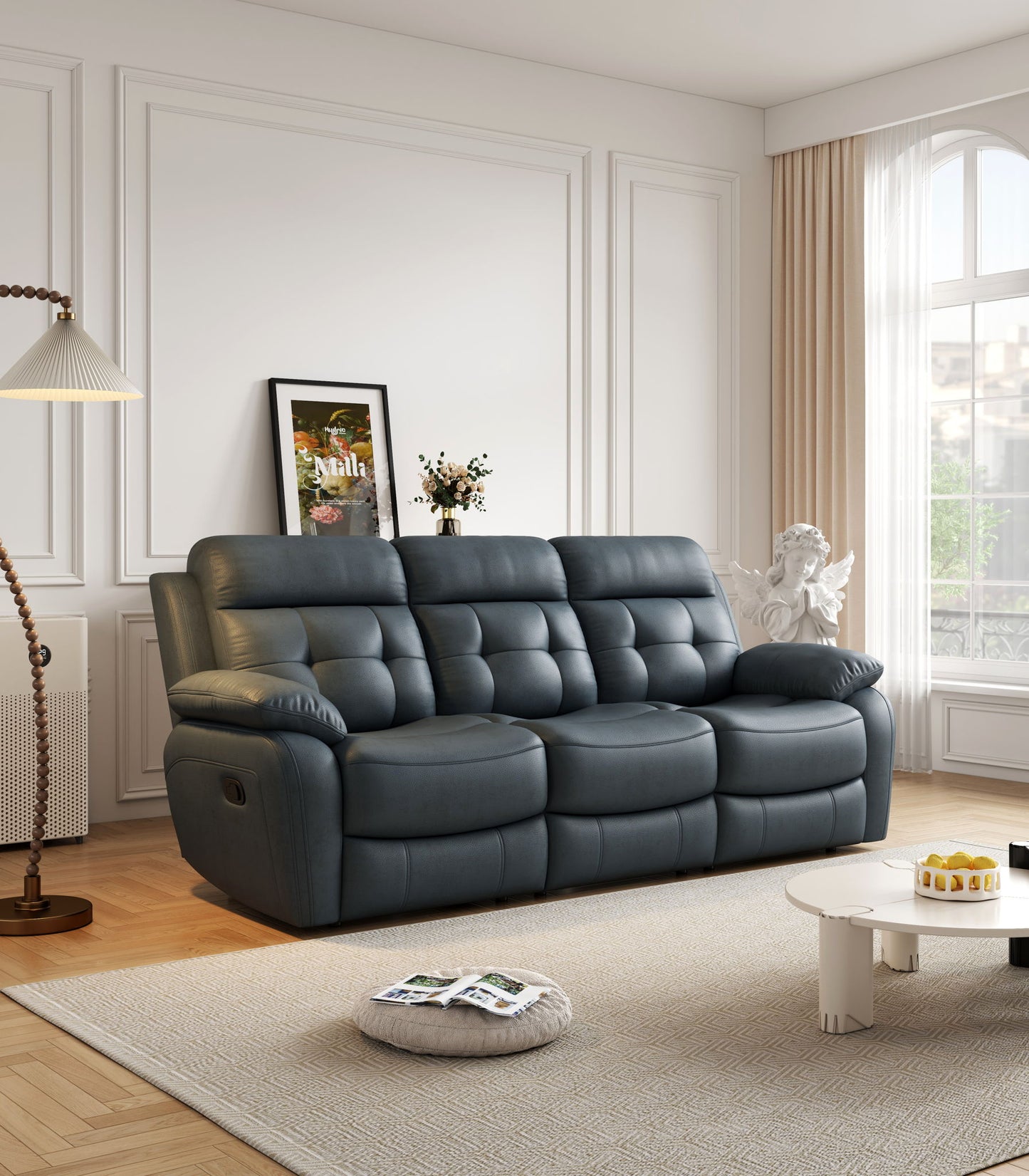 Genuine Leather Non Power Reclining Sofa With Drop Down Table, Stainless Steel Cupholders And Magazine Bag