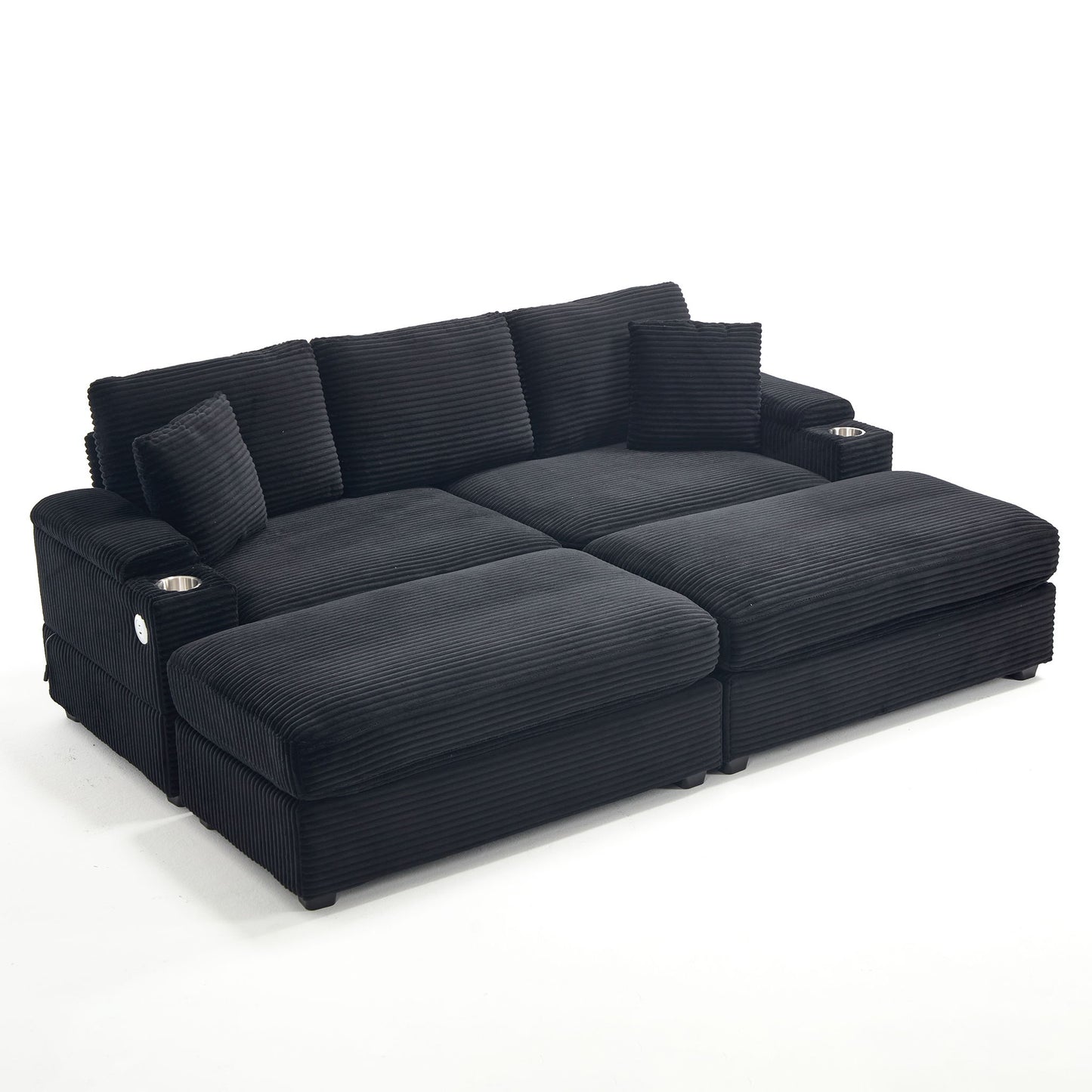 Convertible Sectional Sofa Bed Set With Armrest Storage, Cup Holder, USB - Black