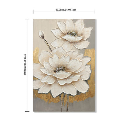 Lotus Flower Canvas Wall Art, Hand Painted Thick Textured Floral Painting With Accents, Neutral Decor For Living Room - Antique White / Gray