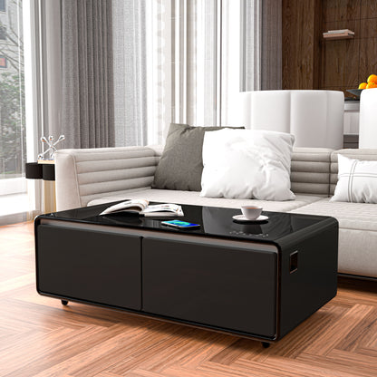 Modern Smart Coffee Table With Built-In Fridge, Bluetooth Speaker, Wireless Charging Module, Touch Control Panel, Power Socket, USB Interface, Outlet Protection, Atmosphere Light