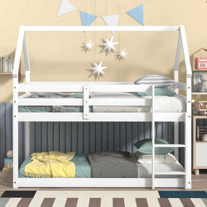 Twin Over Twin Loft Bed With Roof Design, Safety Guardrail, Ladder