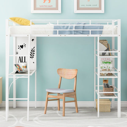 Loft Metal Bed With 3 Layers Of Shelves And Desk, Stylish Metal Frame Bed With Whiteboard