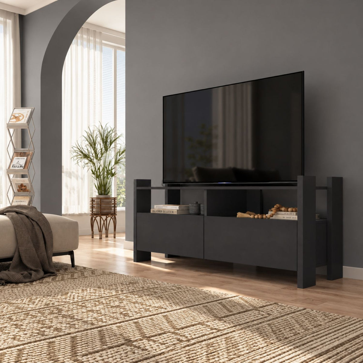 TV Stand For TVs Up To 55" With Open Shelves And 2 Drawers - Carbon Gray
