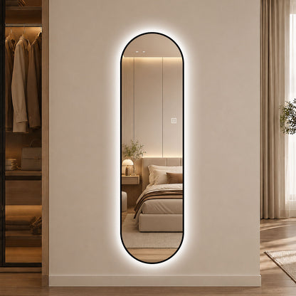 Capsule Shaped Dimmable LED Full Length Wall Mirror With Frame - Silver