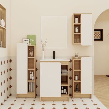 4 Piece Bathroom Vanity Set With Sink, Vanity Combo With Storage Cabinets - Black / Light Oak / White