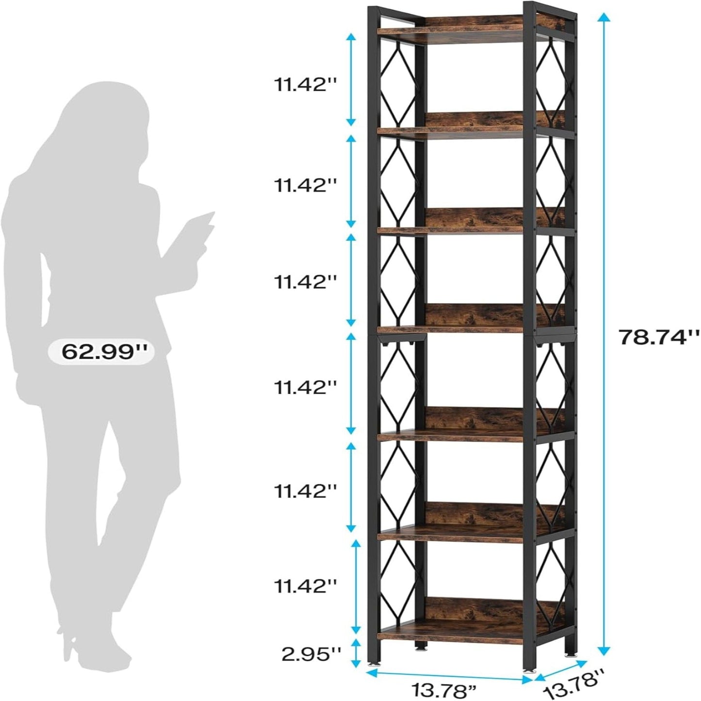 Extra Tall 7 Tier Narrow Corner Bookshelf Storage Display Rack For Living Room - Rustic Brown