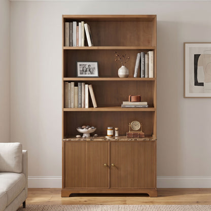 Tall Bookcase Storage Cabinet With 3 Open Shelves & Fluted Double Doors