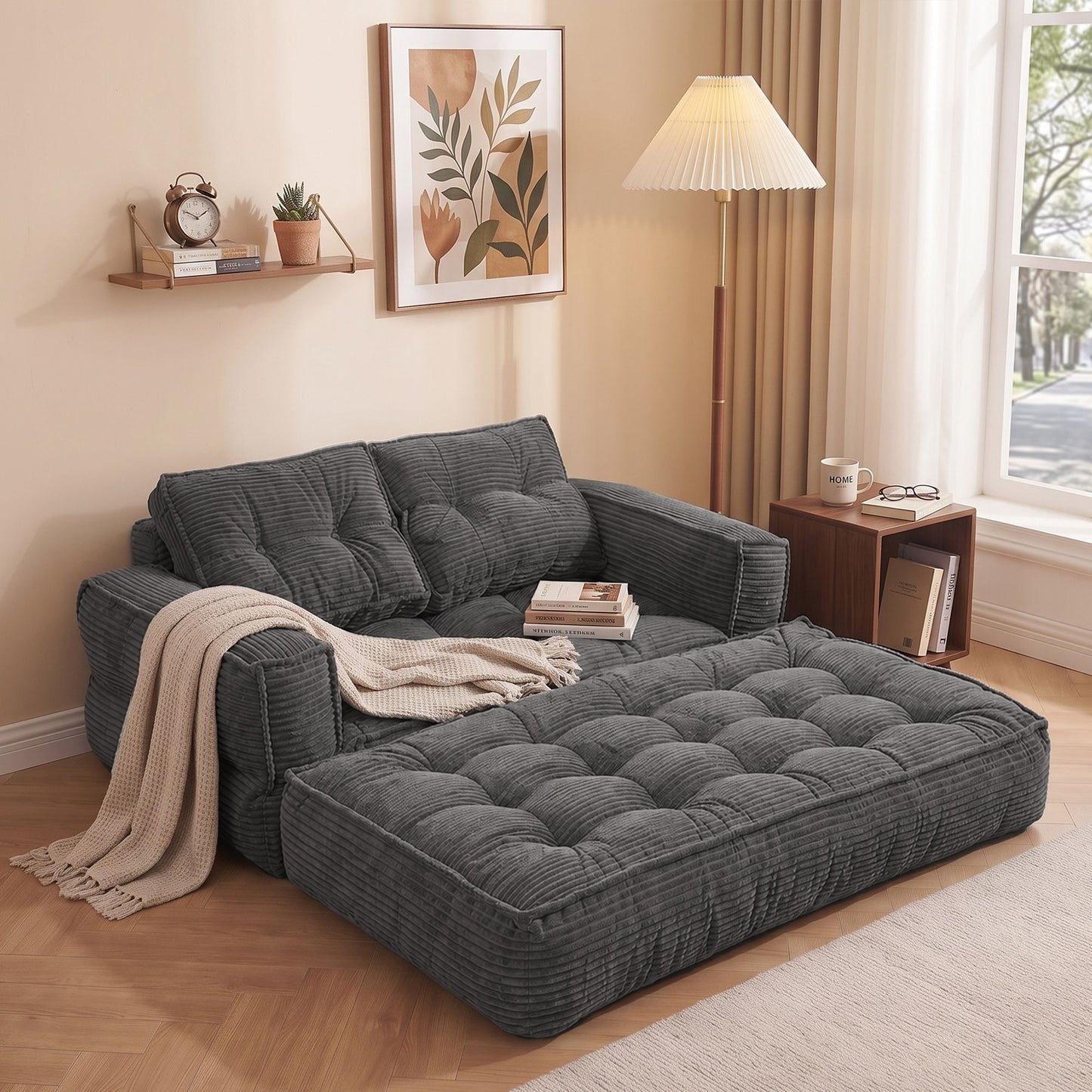 2 Seater Modular Corduroy Sofa With Chaise Lounge For Living Room