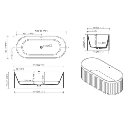 67" Freestanding Solid Surface Bathtub, Luxury Engineered Stone Resin Freestanding Soaking Bathtub With Overflow And Pop-Up Drain Cupc Certified 23S13-67 - Matte White