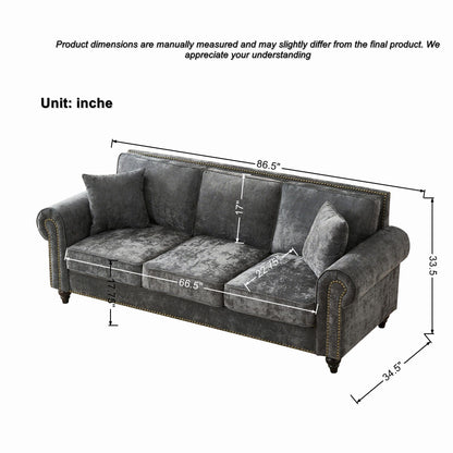 3 Seater Sofa With Tufted Upholstery, Rolled Arms, Nailhead Trim