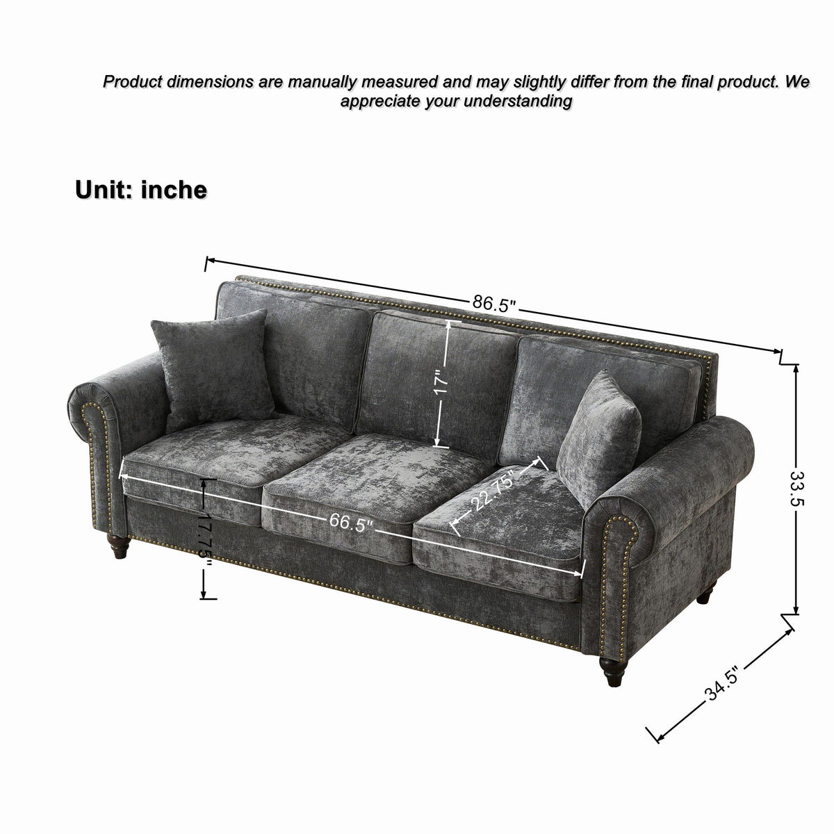 3 And 2 Seater Sofa With Rolled Arms, Tufted Upholstered Couch - Gray