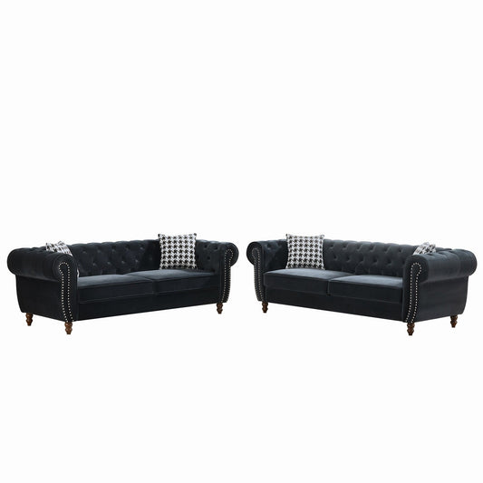 Chesterfield Upholstery Fabric Sofa With Roll Armrest & Nailhead, Mid Century Modern 3 And 3 Seater Couch