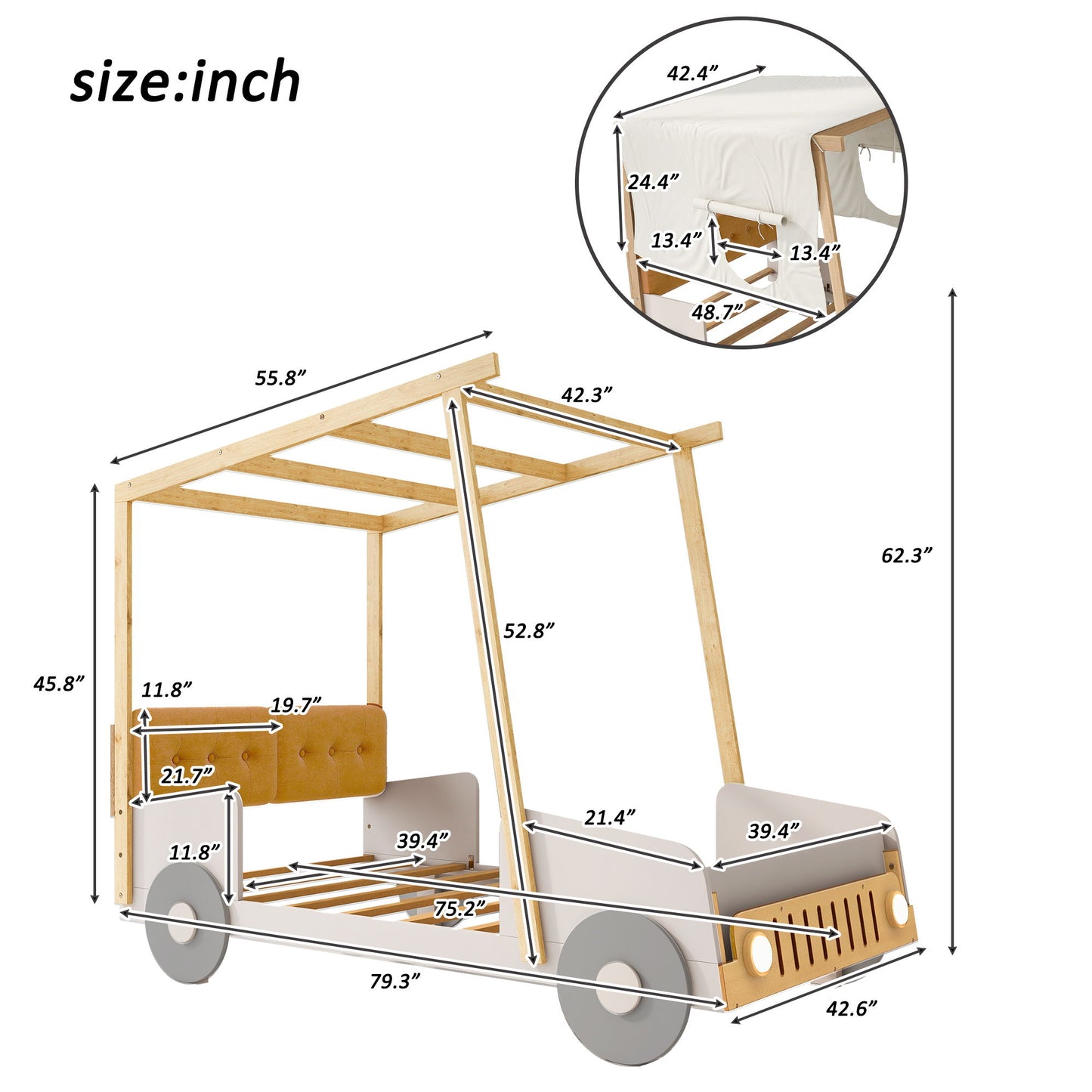 Twin Size Car Bed With Pillow, Ceiling Cloth And LED - Natural