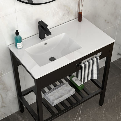 Console Sink With Legs, 32" X 18.5", Durable Porcela With Support - White / Black