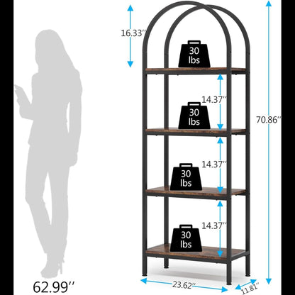 Industrial 4 Tier Open Bookshelf With Curved Top