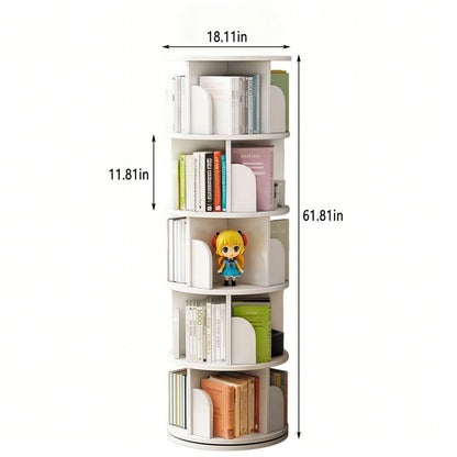 5 Tier Rotating Bookshelf, 360° Spinning Design, Space Saving Storage, For Home And Office - White