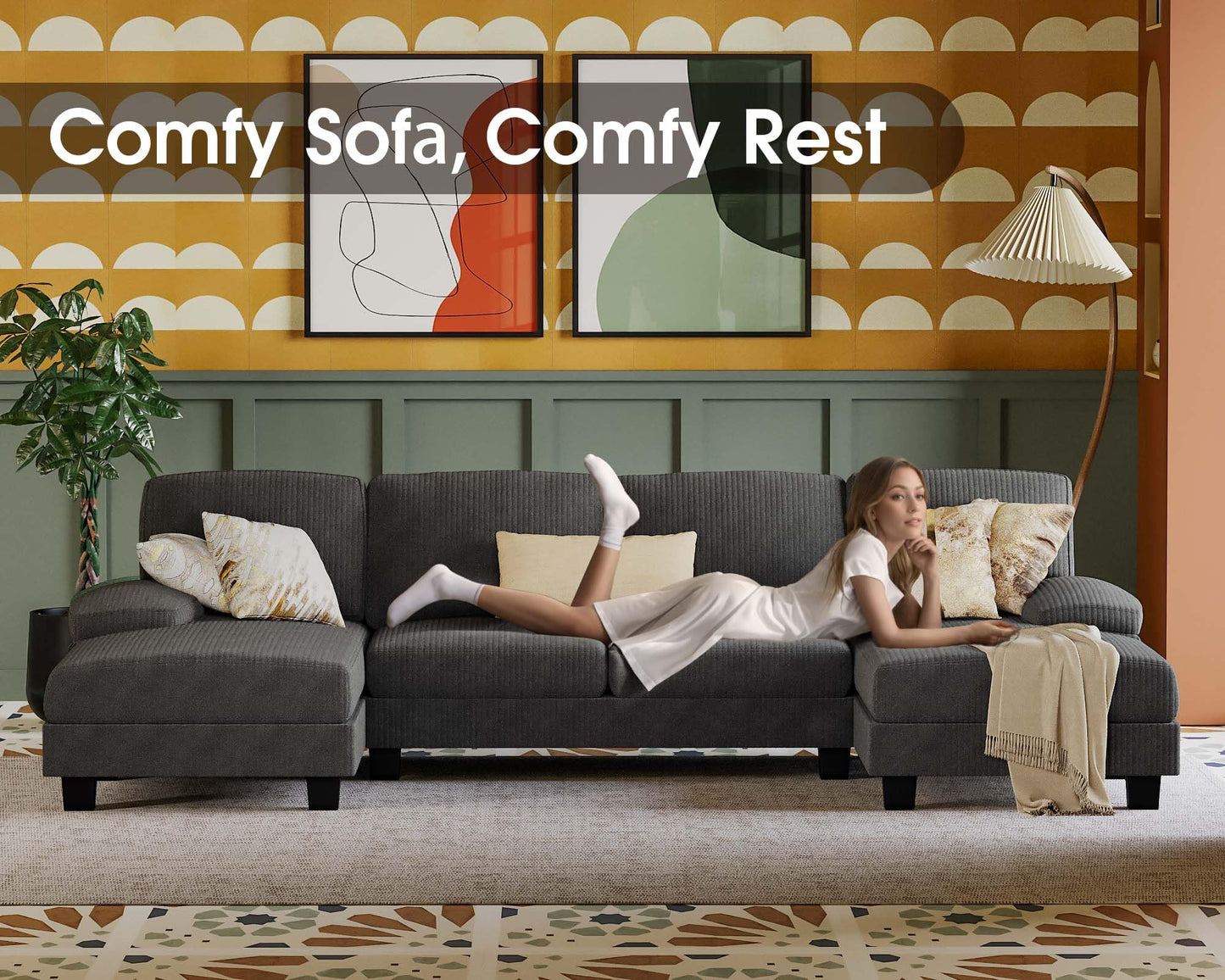 Furmax Sectional Couches for Living Room, U-Shaped Sofa Couch with Linen Fabric, 4 Seat Sofa Set with Double Chaise for Apartment (Fabric, Grey)