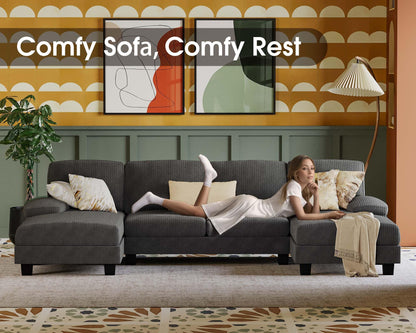 Furmax Sectional Couches for Living Room, U-Shaped Sofa Couch with Linen Fabric, 4 Seat Sofa Set with Double Chaise for Apartment (Fabric, Grey)