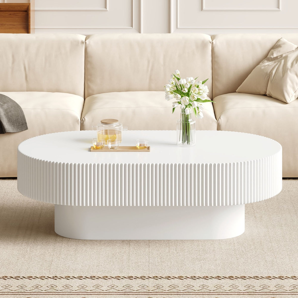 Oval Coffee Table With Thick Tabletop For Living Room